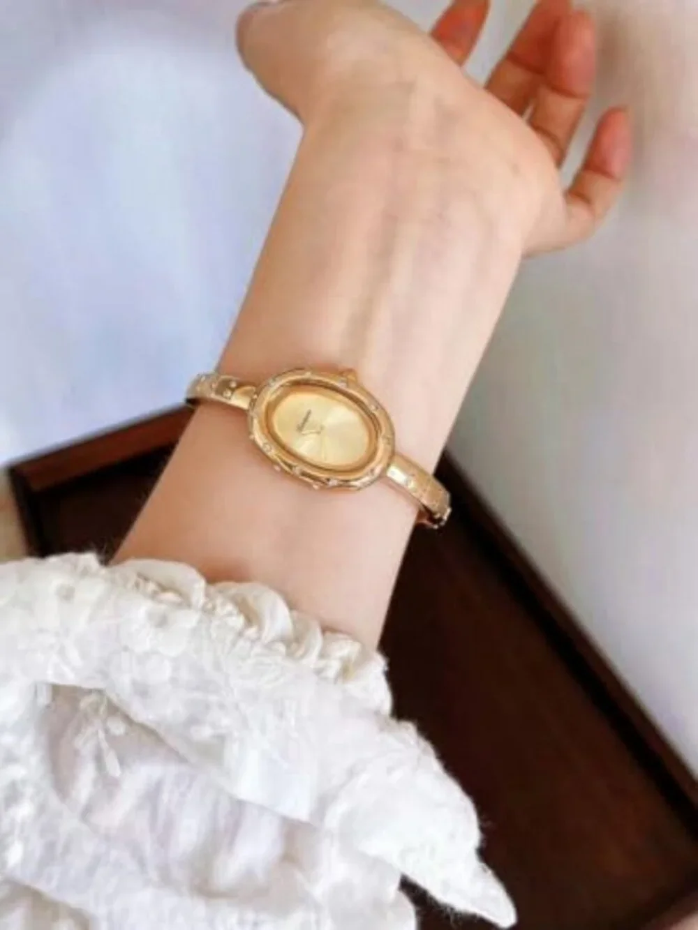 Elegant Oval Crystal Bangle Watch - Gold Stainless Steel Open Cuff Analog Wrist